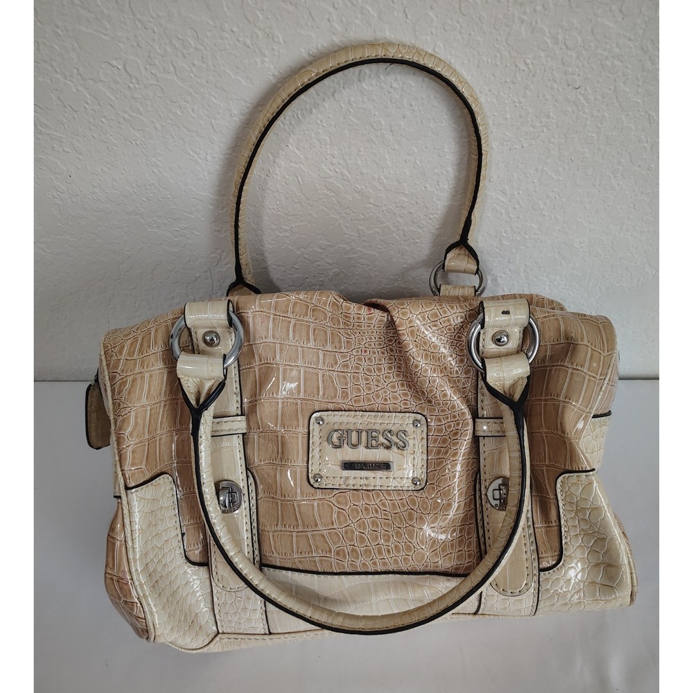 Vintage Beige Guess Crocodile-Embossed Y2K McBling 2000s Floral Lining Satchel